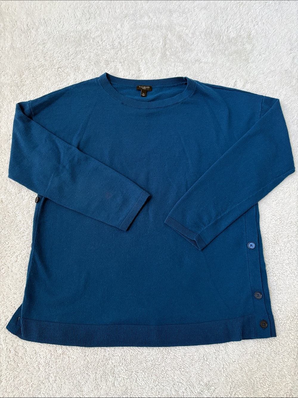 Talbots Women’s Deep Blue Crewneck Sweater with Side Buttons